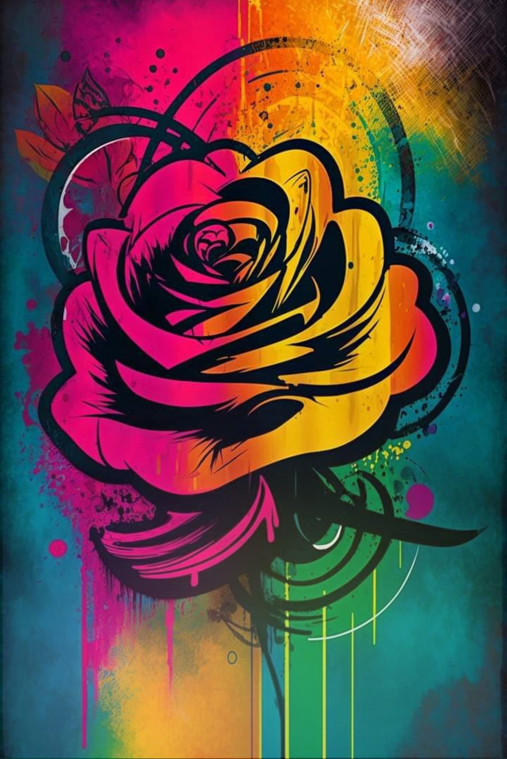 Abstract Rose Watercolor Graphic Tee - Vibrant Graffiti Floral Streetwear T-Shirt