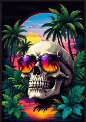 Tropical Skull Graphic T-Shirt - Vaporwave Summer Sunset Tee - Retro Palm Tree Shirt