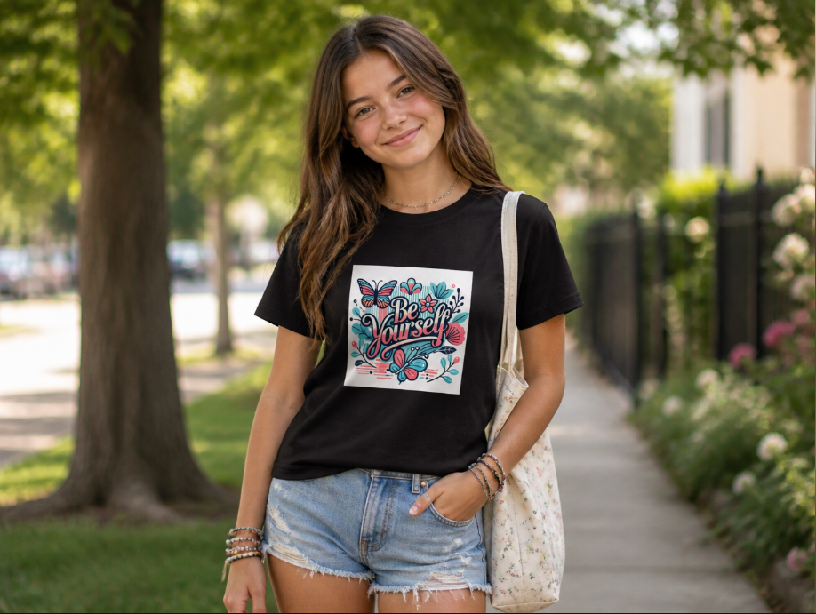 Be Yourself Butterfly Graphic Tee – Retro Floral Inspirational Quote T-Shirt