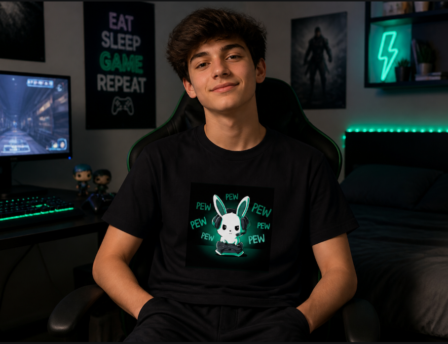 "Pew Pew" Gamer Bunny Graphic Tee – Cute Kawaii Gaming T-Shirt