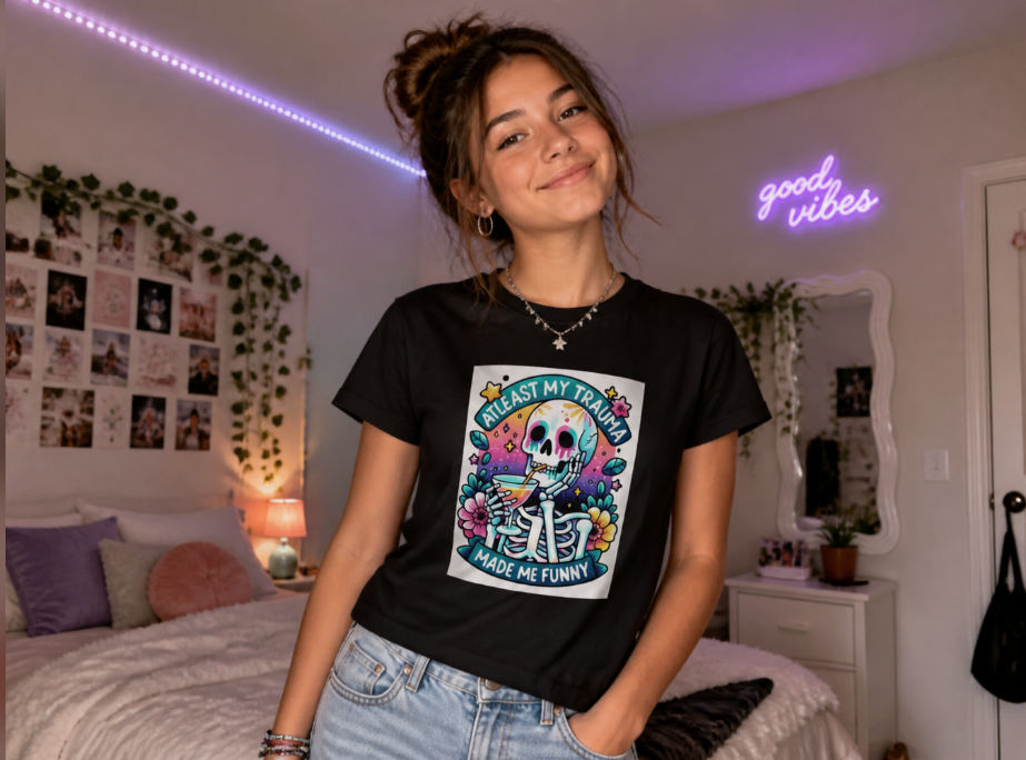 "At Least My Trauma Made Me Funny" Skeleton Graphic Tee – Vibrant Dark Humor Shirt
