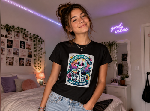 "At Least My Trauma Made Me Funny" Skeleton Graphic Tee – Vibrant Dark Humor Shirt