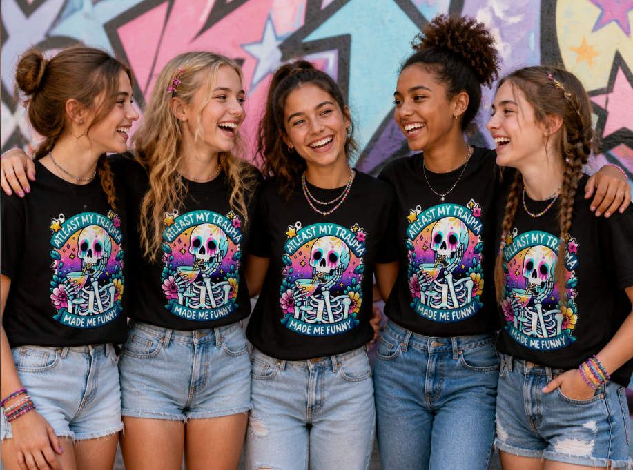 "At Least My Trauma Made Me Funny" Skeleton Graphic Tee – Vibrant Dark Humor Shirt