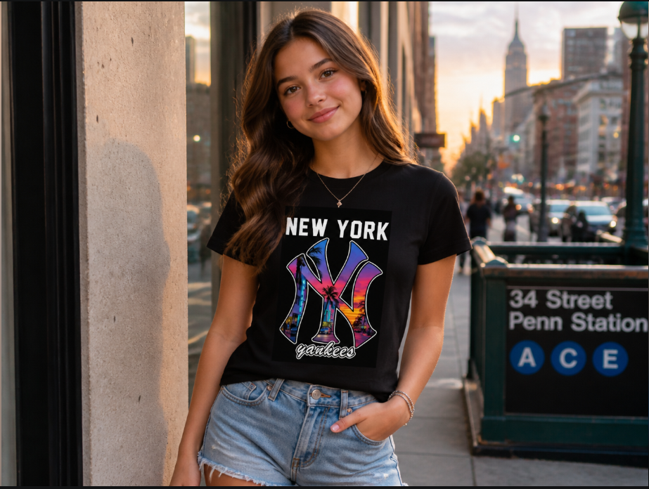 New York Yankees Graphic T-Shirt - Retro Summer Sunset Baseball Tee