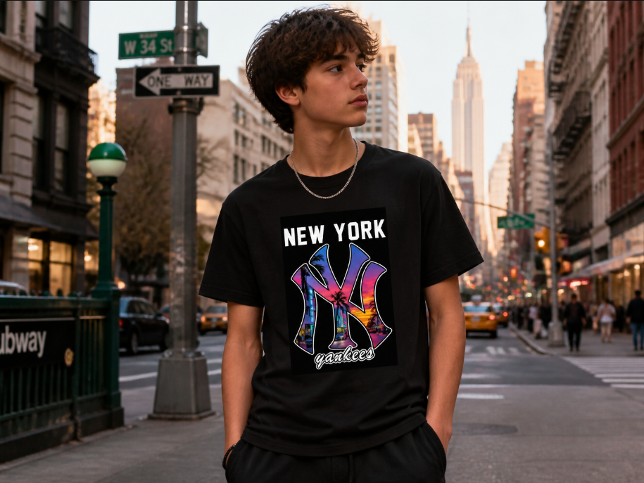 New York Yankees Graphic T-Shirt - Retro Summer Sunset Baseball Tee