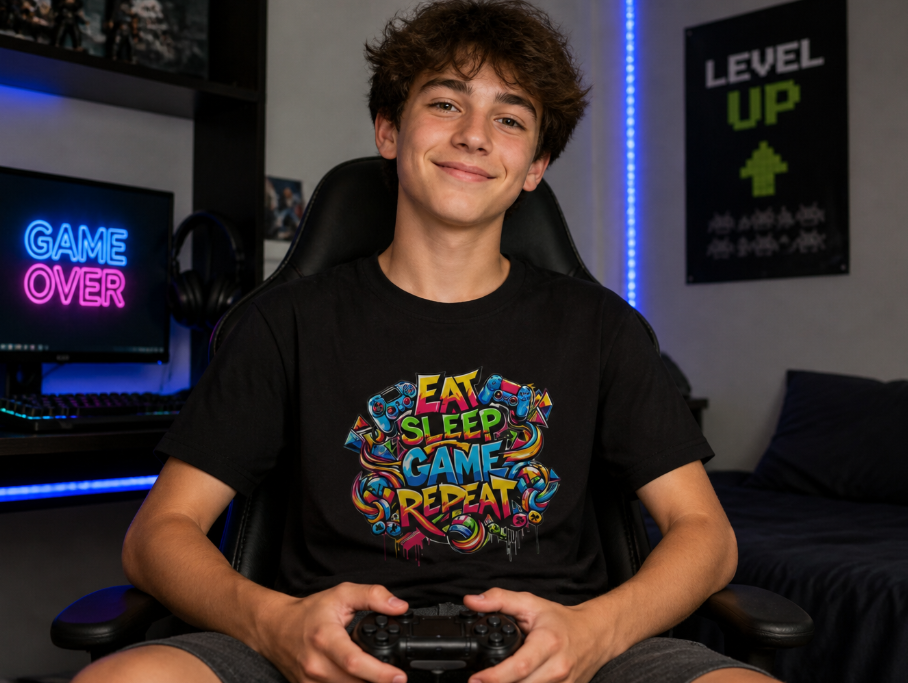Eat Sleep Game Repeat T-Shirt - Graffiti Gamer Graphic Tee