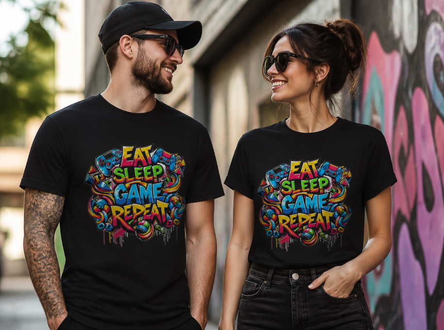 Eat Sleep Game Repeat T-Shirt - Graffiti Gamer Graphic Tee
