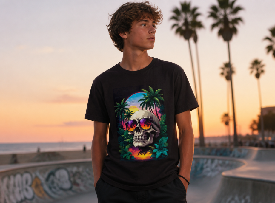 Tropical Skull Graphic T-Shirt - Vaporwave Summer Sunset Tee - Retro Palm Tree Shirt