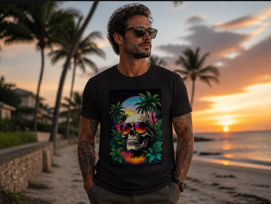 Tropical Skull Graphic T-Shirt - Vaporwave Summer Sunset Tee - Retro Palm Tree Shirt