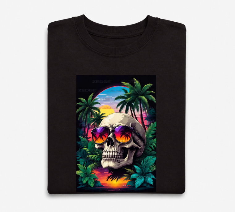 Tropical Skull Graphic T-Shirt - Vaporwave Summer Sunset Tee - Retro Palm Tree Shirt