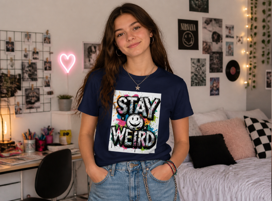 Stay Weird Graffiti T-Shirt - Aesthetic Smiley Face Tee - Urban Streetwear Graphic