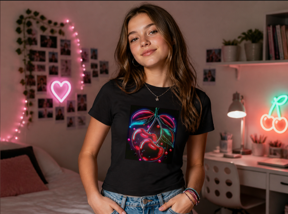 Neon Cherry Aesthetic Graphic Tee - Retro Y2K Cyberpunk Streetwear T-Shirt