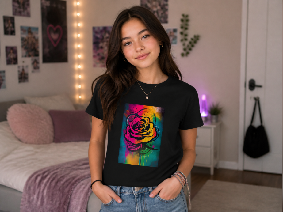 Abstract Rose Watercolor Graphic Tee - Vibrant Graffiti Floral Streetwear T-Shirt