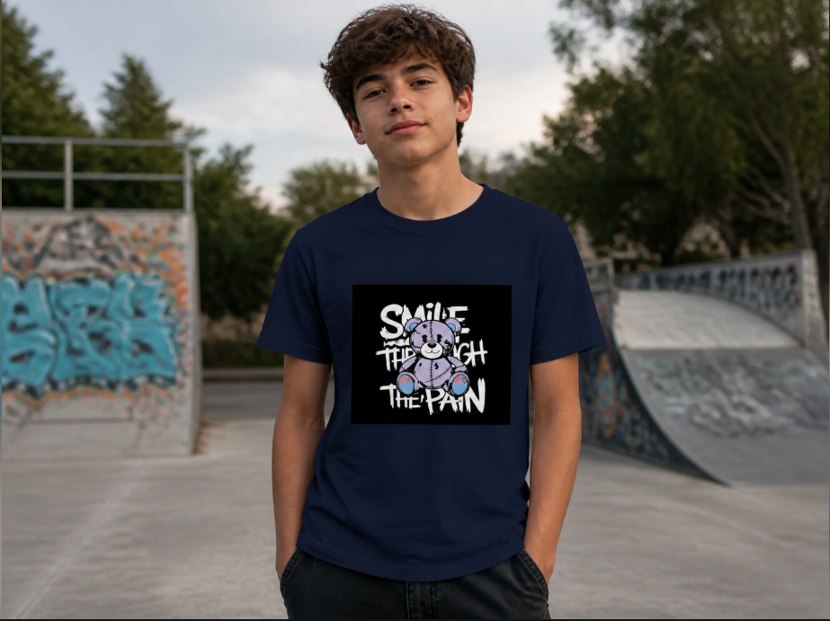 Smile Through The Pain – Distressed Teddy Bear Graphic Tee