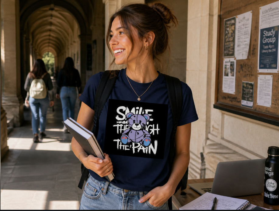 Smile Through The Pain – Distressed Teddy Bear Graphic Tee