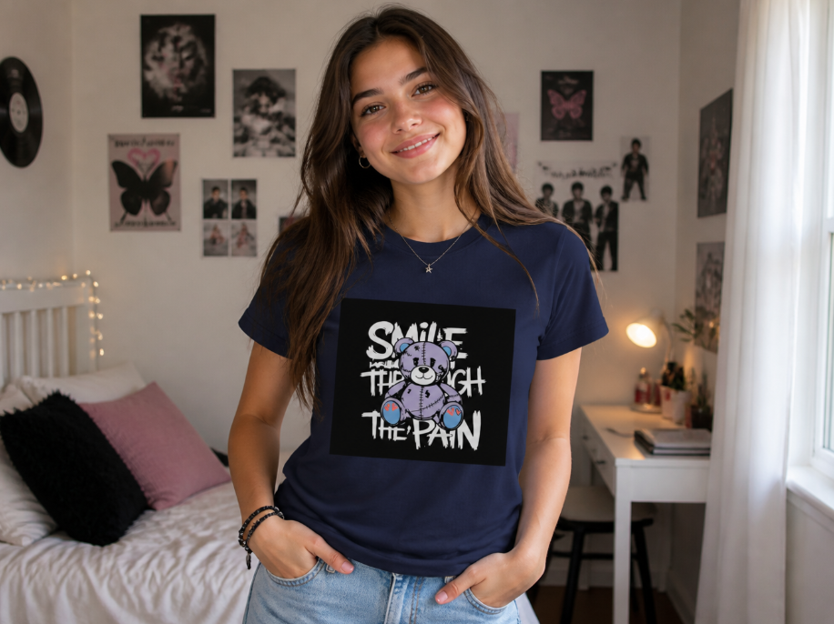 Smile Through The Pain – Distressed Teddy Bear Graphic Tee