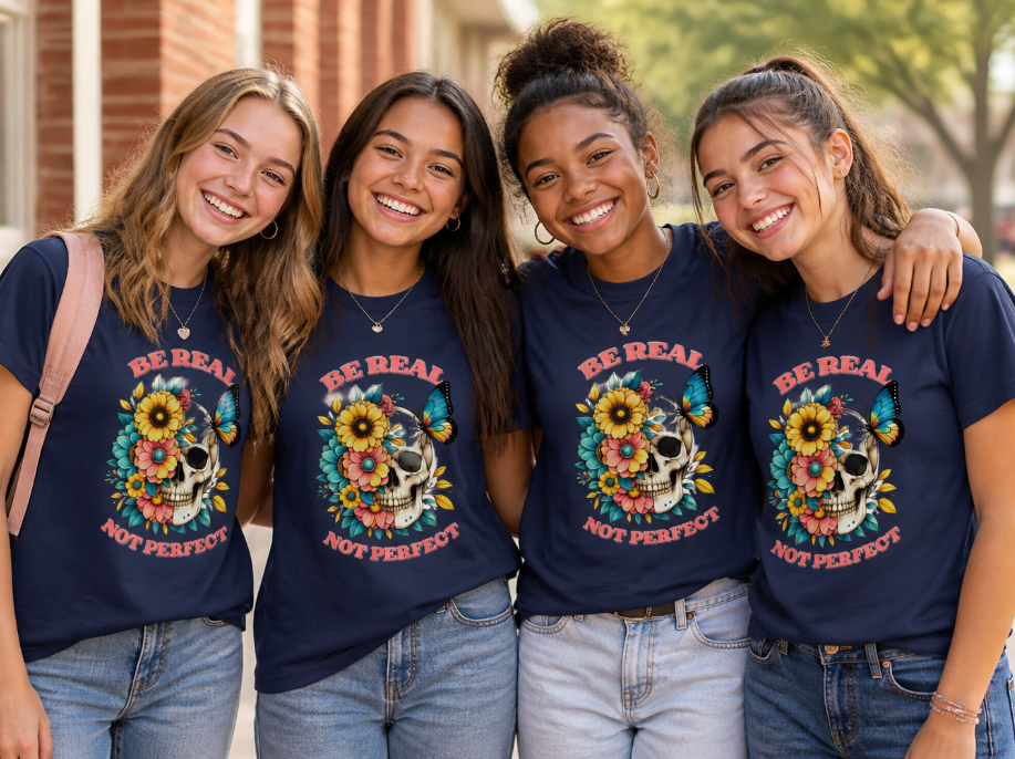 Be Real Not Perfect Floral Skull Tee – Aesthetic Butterfly Graphic T-Shirt