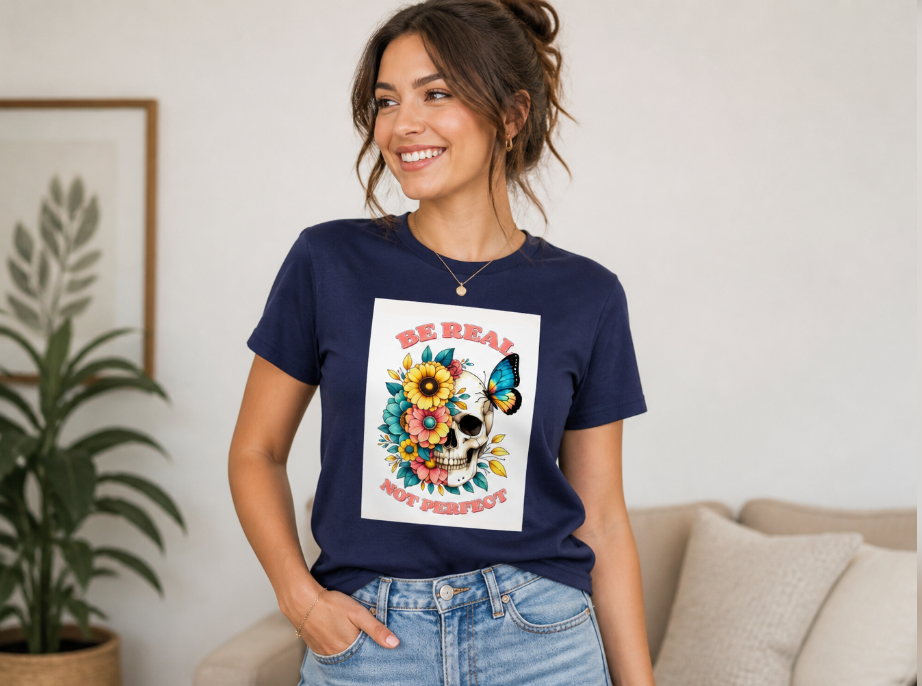 Be Real Not Perfect Floral Skull Tee – Aesthetic Butterfly Graphic T-Shirt