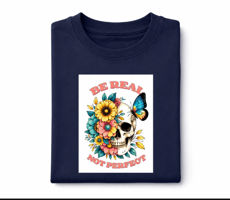 Be Real Not Perfect Floral Skull Tee – Aesthetic Butterfly Graphic T-Shirt