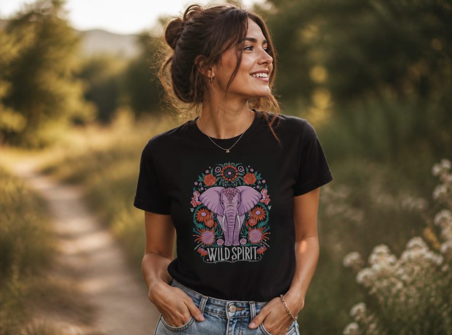 Wild Spirit Elephant Graphic Tee – Boho Floral Mandala T-Shirt