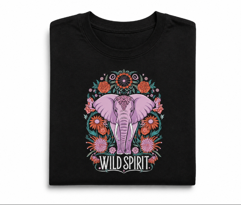 Wild Spirit Elephant Graphic Tee – Boho Floral Mandala T-Shirt
