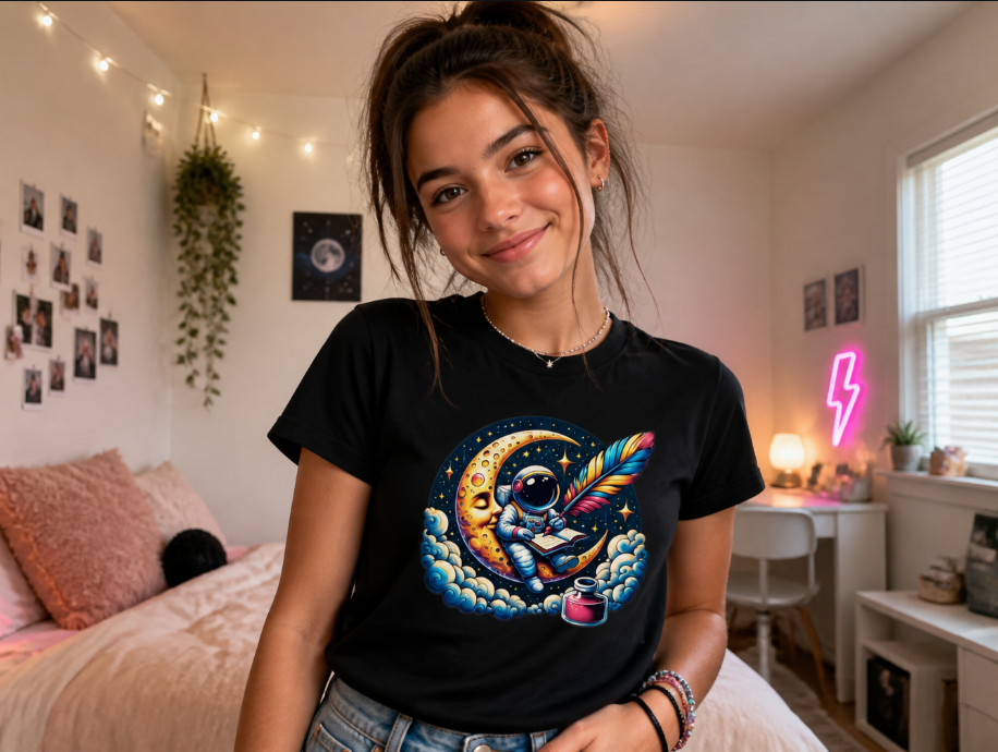 Whimsical Astronaut on the Moon T-Shirt - Celestial Dreamer Graphic Tee