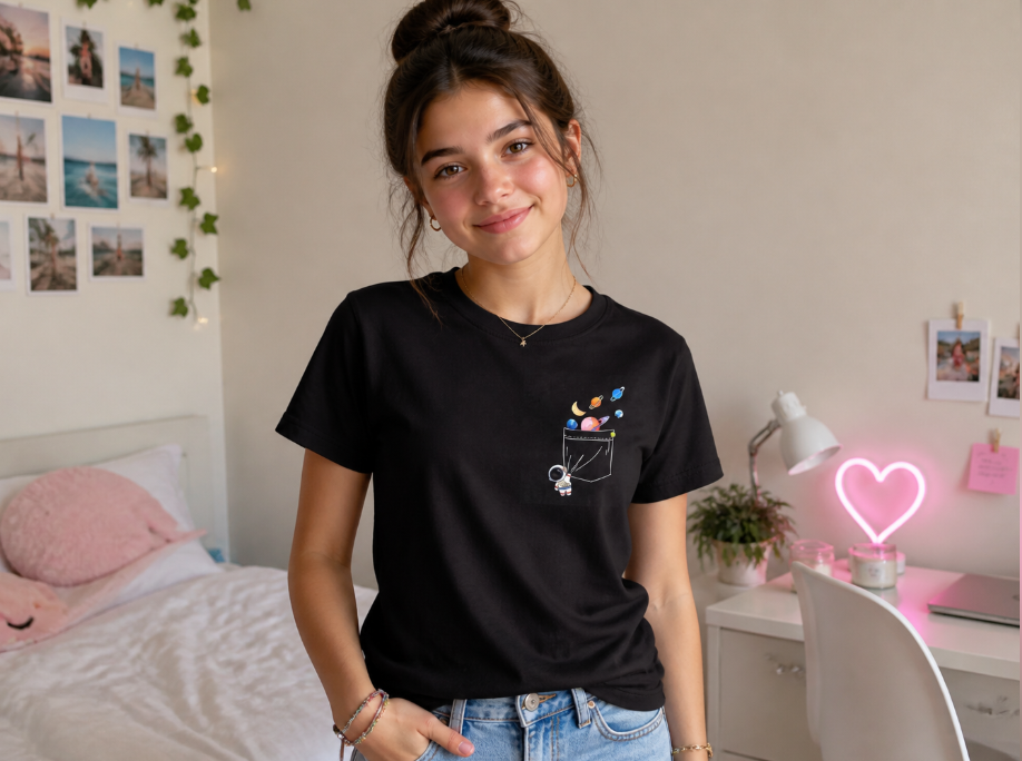 Minimalist Astronaut Pocket T-Shirt - Cute Planet Balloon Graphic Tee