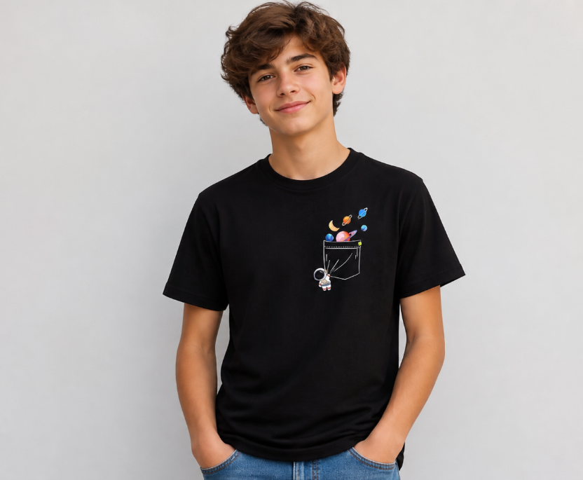 Minimalist Astronaut Pocket T-Shirt - Cute Planet Balloon Graphic Tee