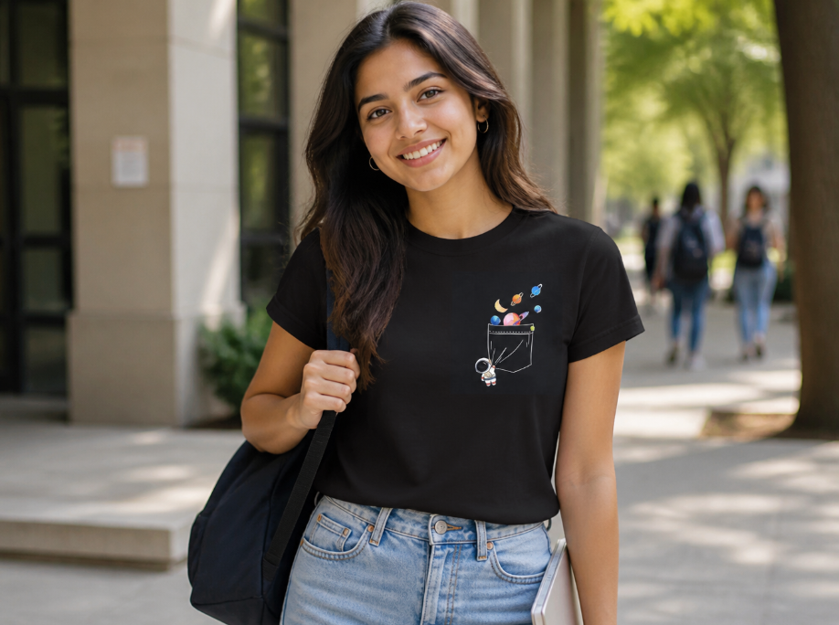 Minimalist Astronaut Pocket T-Shirt - Cute Planet Balloon Graphic Tee