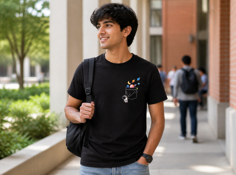 Minimalist Astronaut Pocket T-Shirt - Cute Planet Balloon Graphic Tee