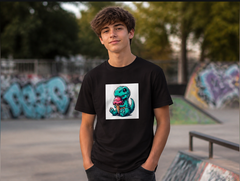 Cute T-Rex Dinosaur Eating Ice Cream T-Shirt - Kawaii Dino Graphic Tee