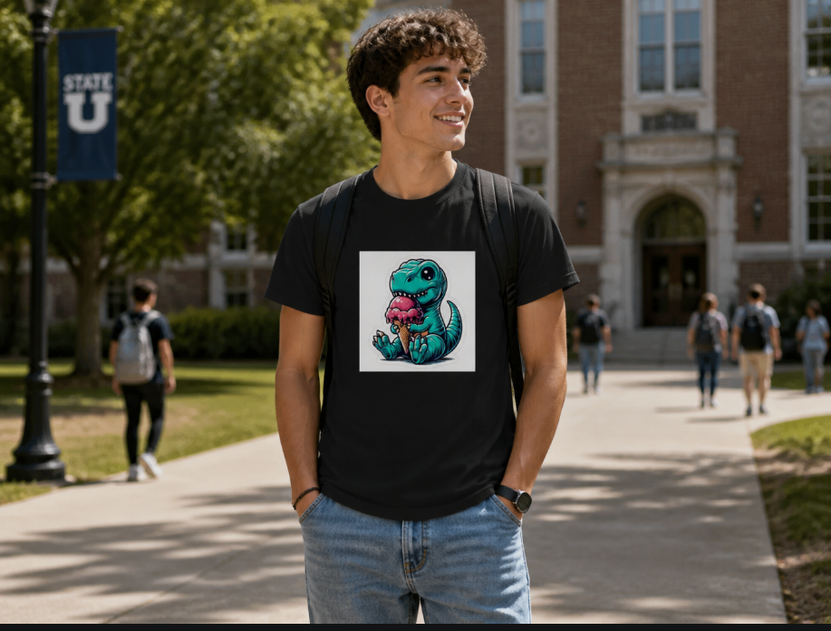 Cute T-Rex Dinosaur Eating Ice Cream T-Shirt - Kawaii Dino Graphic Tee
