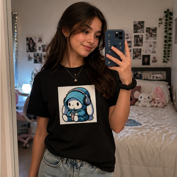 Cute Bunny in Hoodie with Boba & Headphones – Graphic T-Shirt