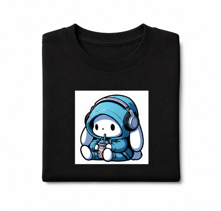 Cute Bunny in Hoodie with Boba & Headphones – Graphic T-Shirt