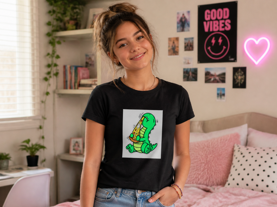 Cute Pizza Dinosaur Graphic Tee – Kawaii T-Rex Foodie T-Shirt