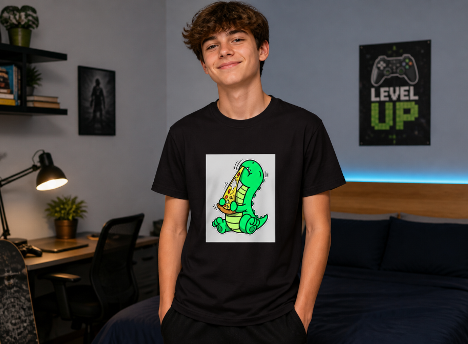 Cute Pizza Dinosaur Graphic Tee – Kawaii T-Rex Foodie T-Shirt