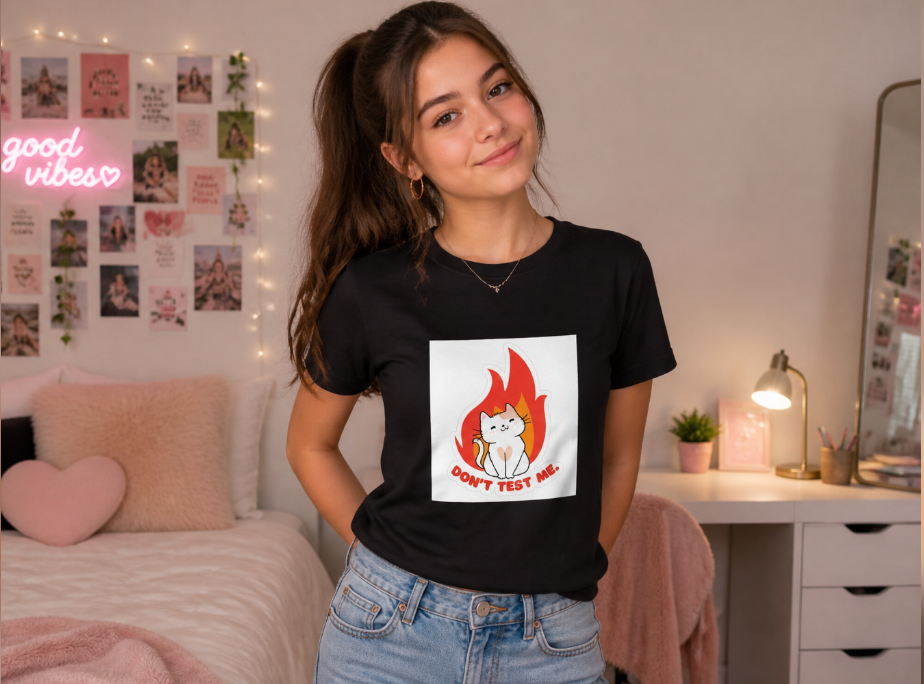 "Don't Test Me" Sassy Kawaii Cat Graphic Tee – Funny Flame Aesthetic Shirt