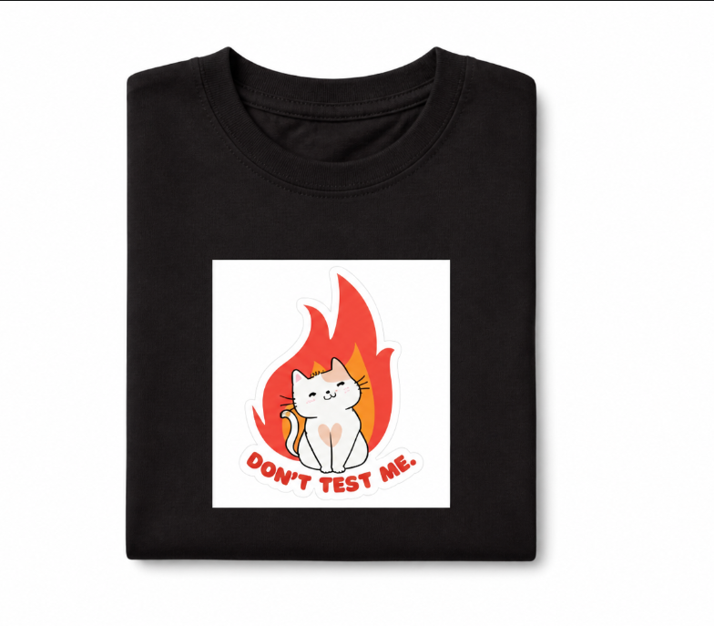 "Don't Test Me" Sassy Kawaii Cat Graphic Tee – Funny Flame Aesthetic Shirt
