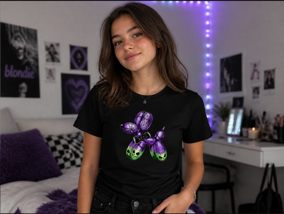 Spooky Balloon Dog Graphic Tee – Goth Aesthetic Halloween T-Shirt