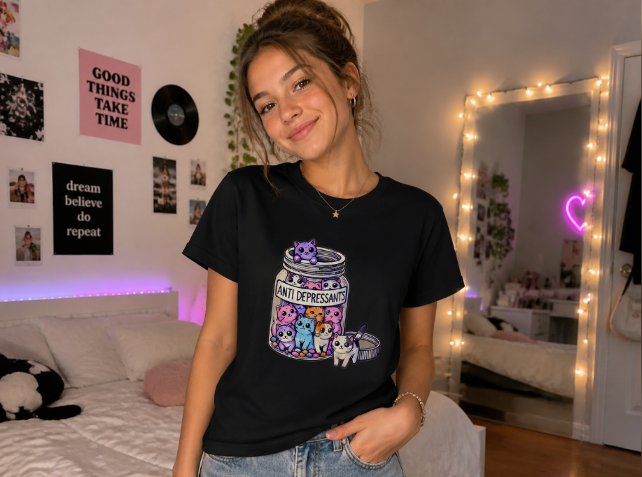 "Anti-Depressants" Cute Cat Jar Graphic Tee – Wholesome Kawaii Kitten T-Shirt