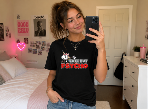 "Cute But Psycho" Unicorn Graphic Tee – Funny Kawaii Slasher T-Shirt