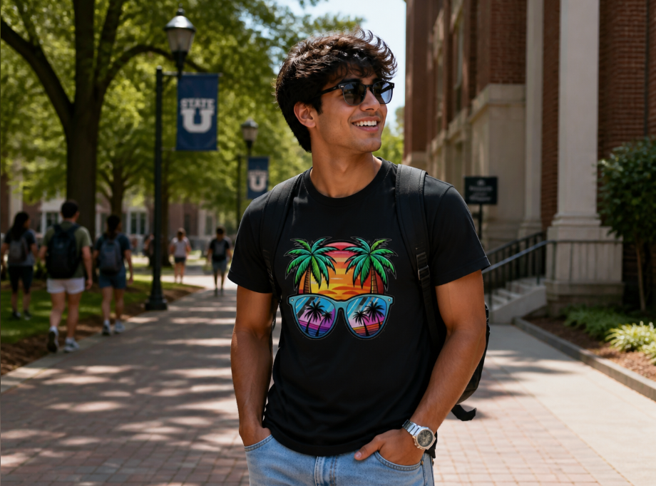 Retro Sunset Palm Trees Graphic Tee – Tropical Summer Vacation T-Shirt