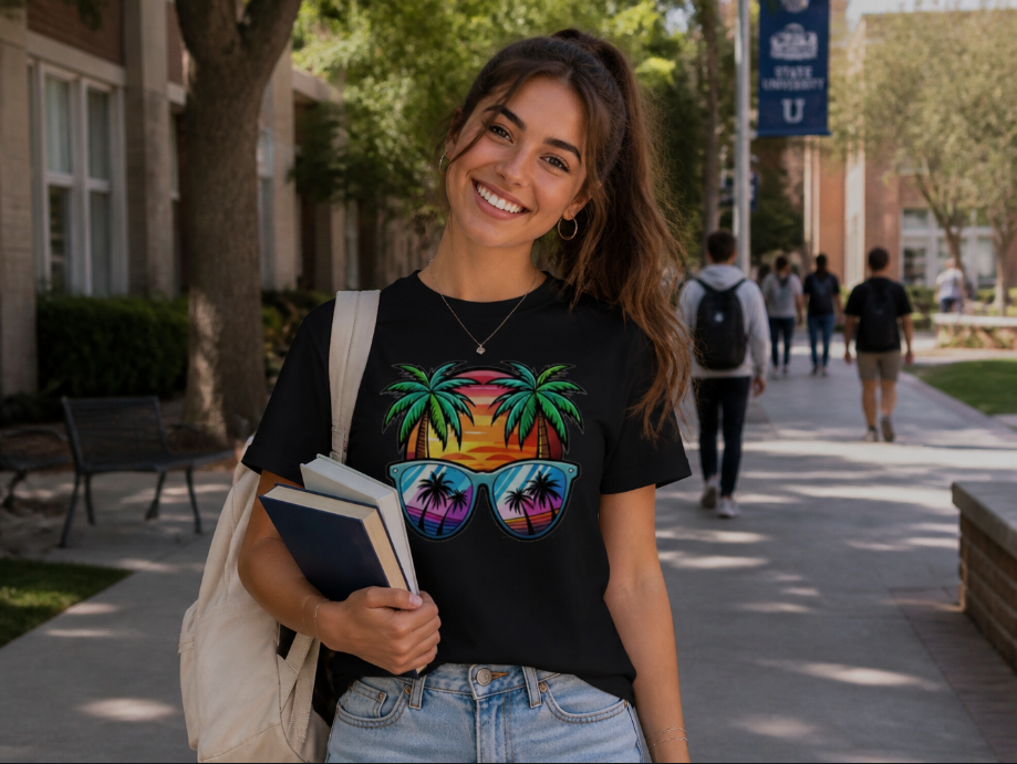 Retro Sunset Palm Trees Graphic Tee – Tropical Summer Vacation T-Shirt