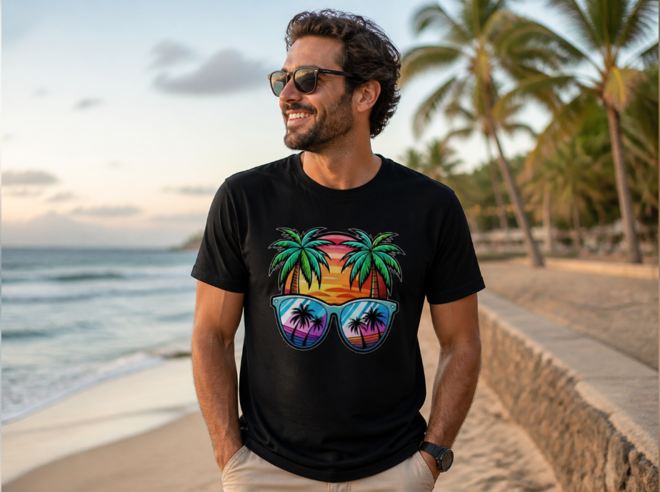Retro Sunset Palm Trees Graphic Tee – Tropical Summer Vacation T-Shirt