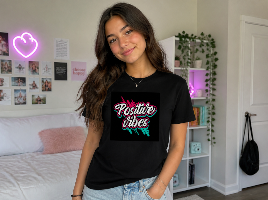 "Positive Vibes" Graffiti Script T-Shirt – Retro Neon Streetwear