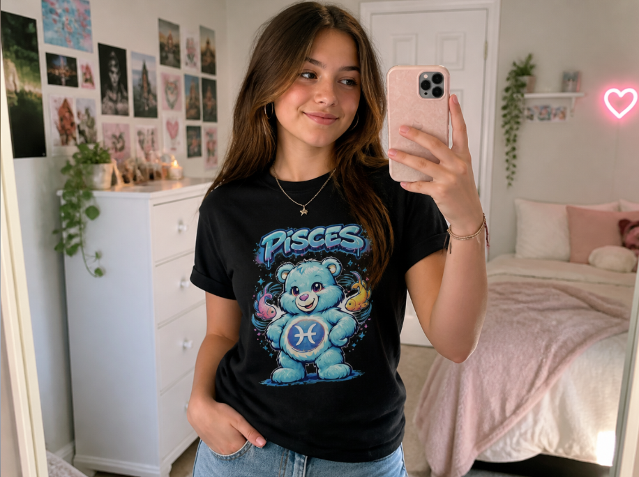 Pisces Zodiac "Dreamy Bear" T-Shirt – Y2K Aesthetic Graffiti Tee