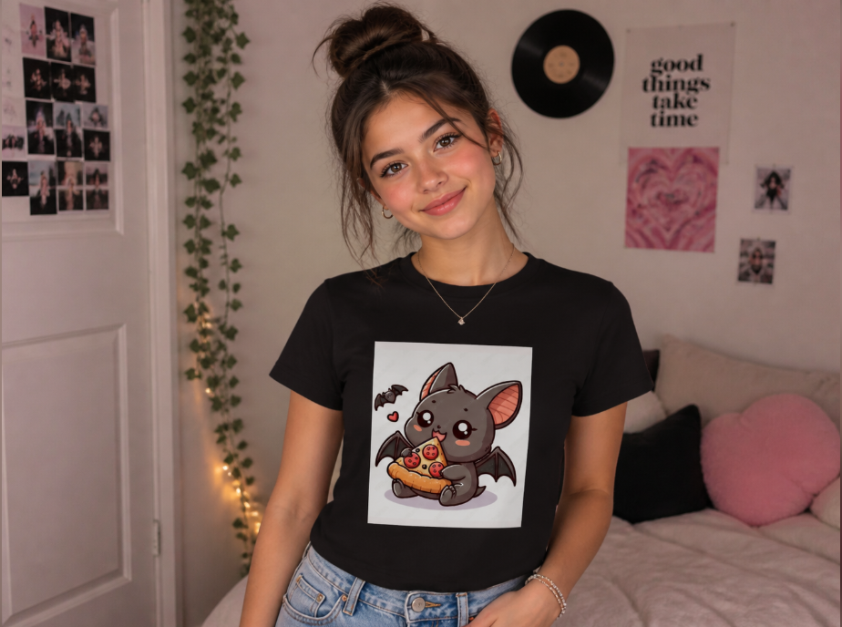 Kawaii Pizza Bat Graphic T-Shirt - Cute Spooky Aesthetic Halloween Tee