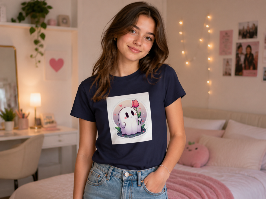 Cute Ghost with Tulip Graphic Tee – Spooky Cute Kawaii Aesthetic T-Shirt