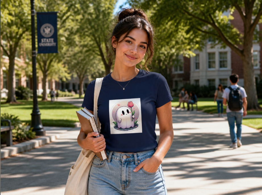 Cute Ghost with Tulip Graphic Tee – Spooky Cute Kawaii Aesthetic T-Shirt