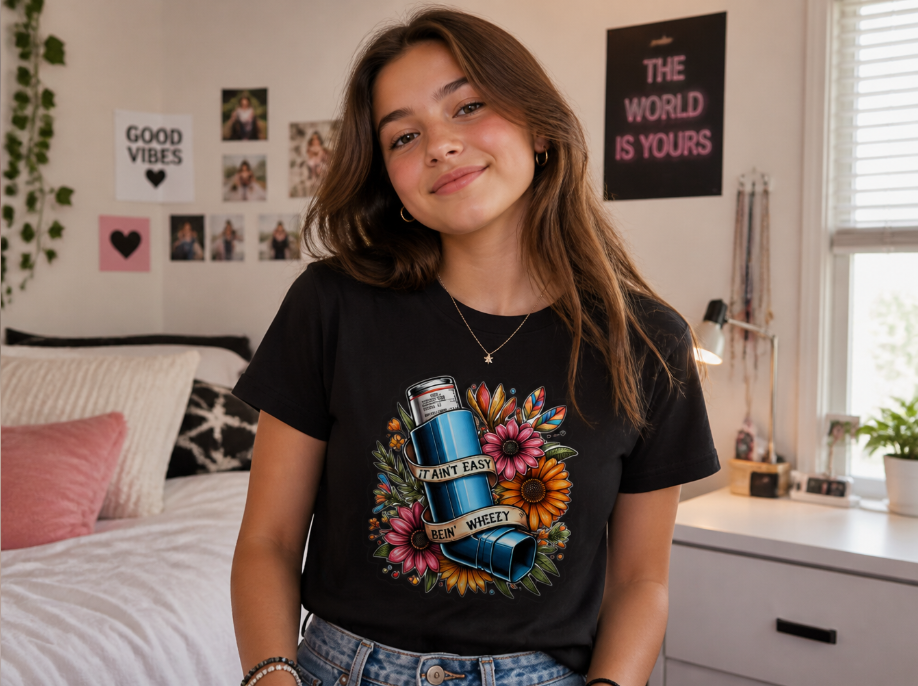 Floral Inhaler Graphic Tee - "It Ain't Easy Bein' Wheezy" Humor Shirt